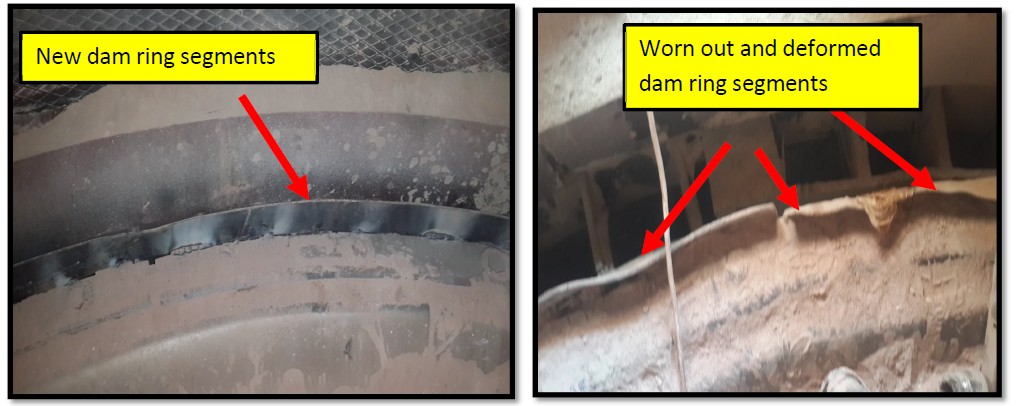 new dam ring segments . worn out and deformed dam rings segments