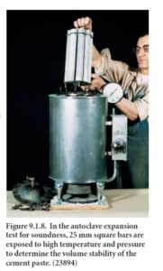 Figure 9.1.8. In the autoclave expansion test for soundness, 25 mm square bars are exposed to high temperature and pressure to determine the volume stability of the cement paste. (23894)