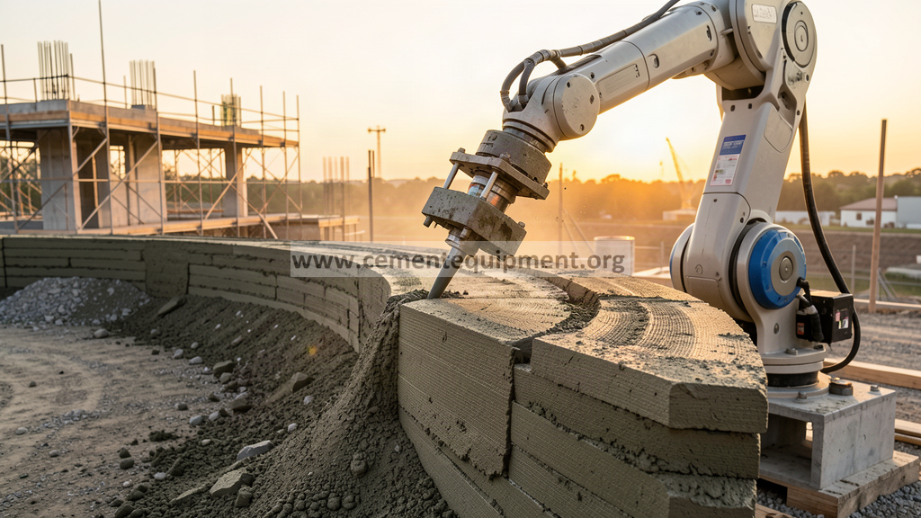Robotic arm 3D printing a concrete wall with cement mortar layer by layer