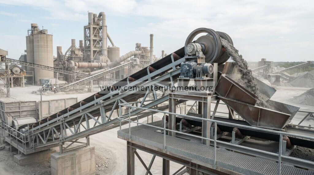 Cement plant conveyor belt mistracking at an industrial transfer system