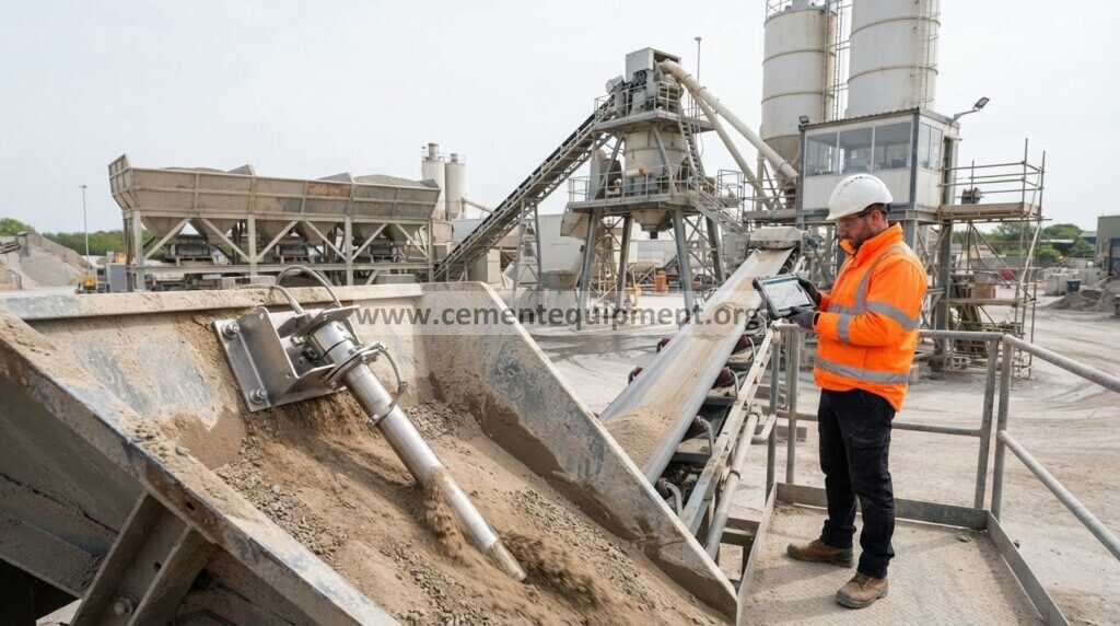 Engineer calibrating an aggregate moisture probe at a concrete batching plant