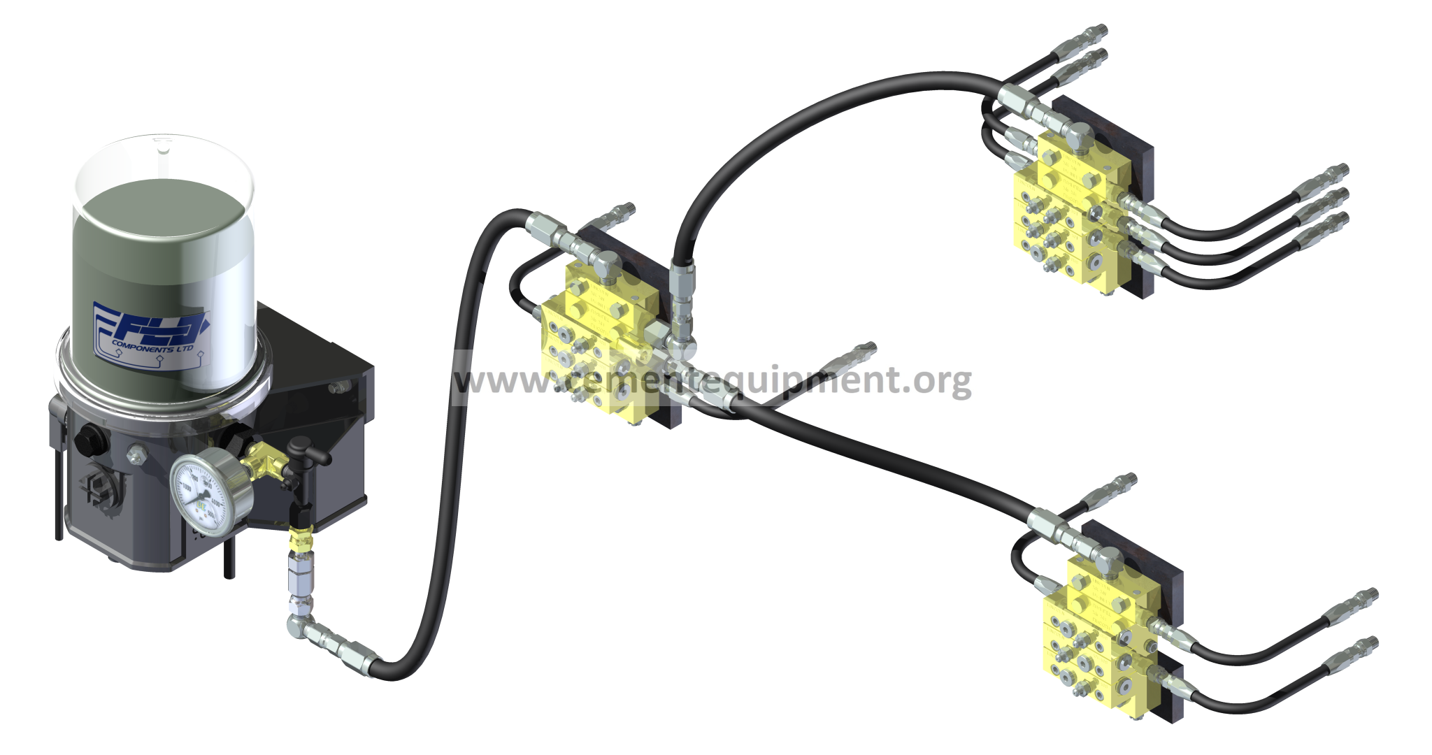 Single-line progressive automatic lubrication system with pump, main line and divider blocks used to diagnose no-grease delivery to a bearing