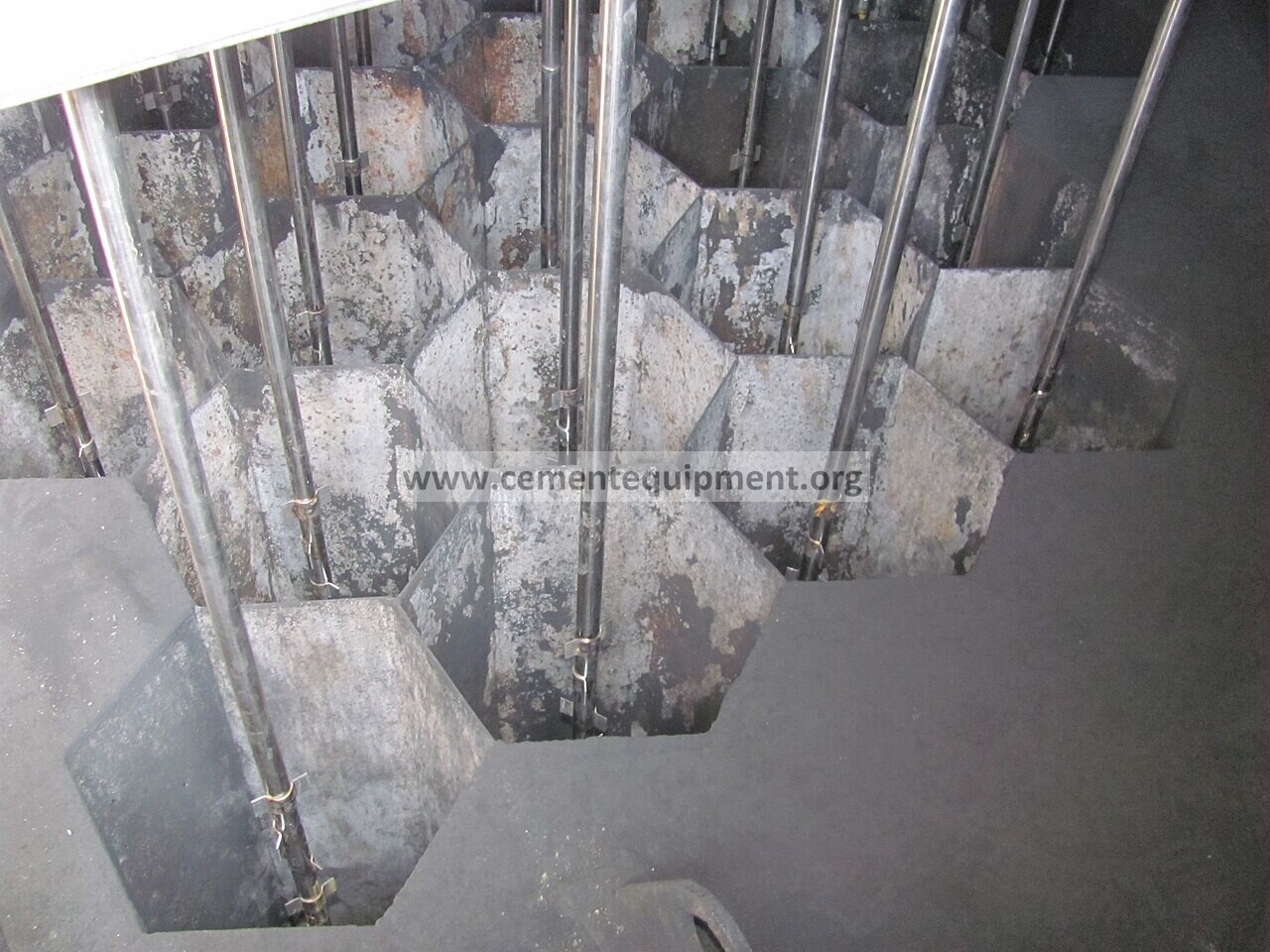 Interior of an electrostatic precipitator showing discharge electrodes and collecting electrodes used for ESP rapping and field-current diagnosis