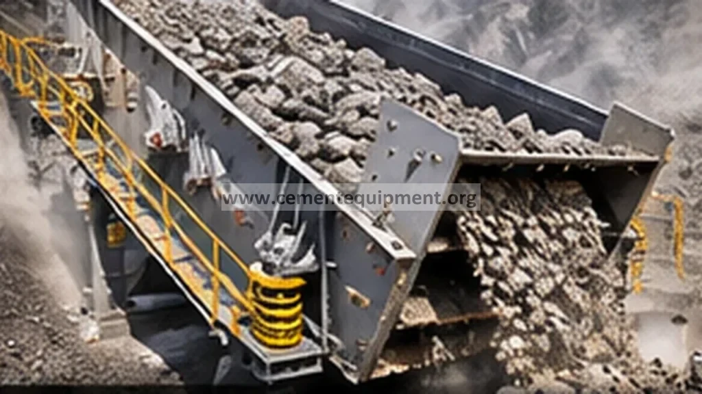 Heavy-duty apron feeder carrying limestone or clinker to crushing equipment