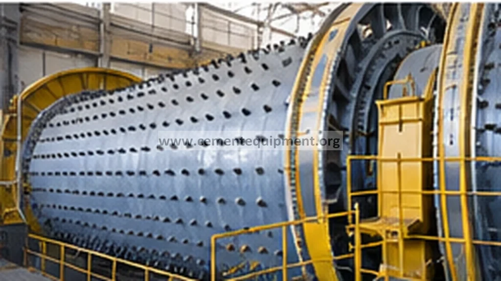 Large cement grinding ball mill with shell, trunnion and drive arrangement in an operating plant