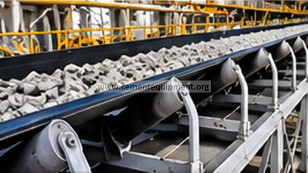 Belt conveyor carrying cement plant bulk material with idlers and support structure