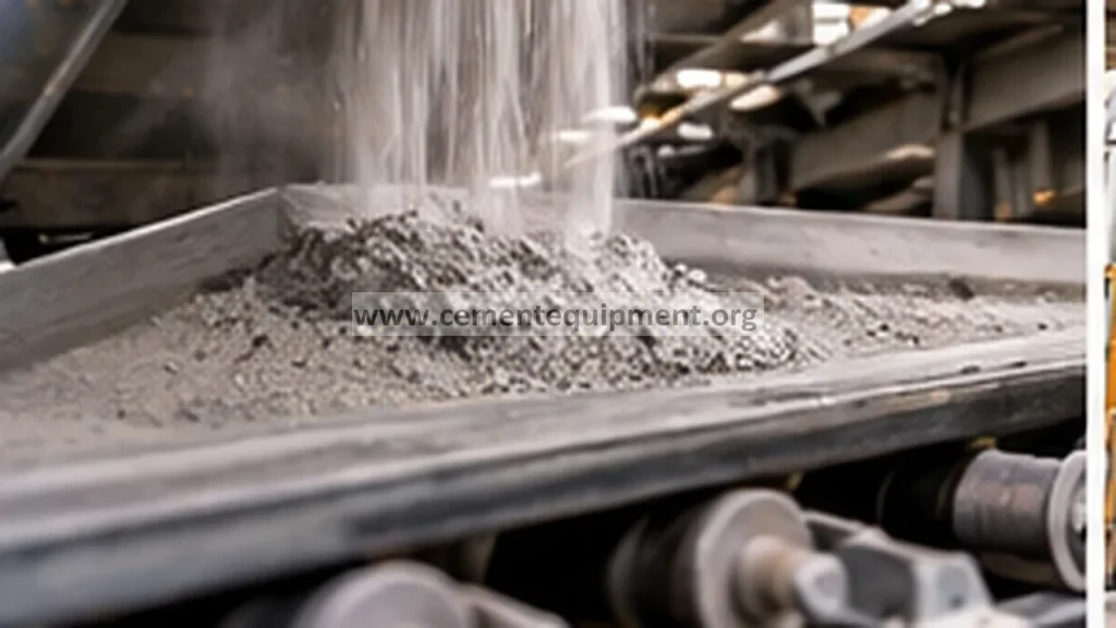 Bulk cement-plant material discharging through a transfer chute onto a belt conveyor