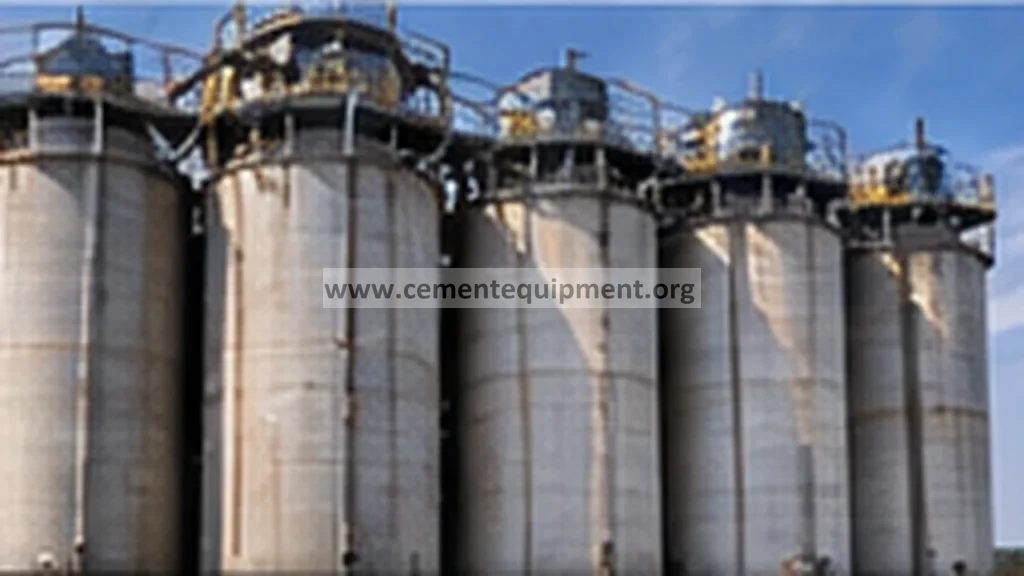 Cement storage silos with steel roofs and access structures at a cement plant