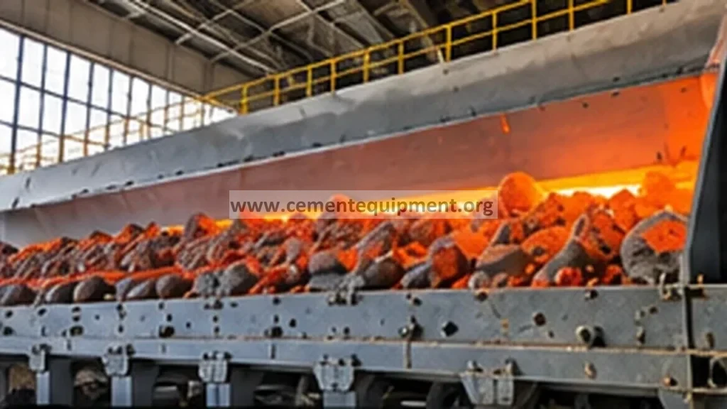 Hot clinker bed travelling across a grate cooler in a cement plant