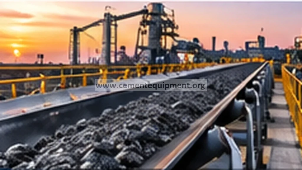 Clinker transfer belt conveyor carrying hot cement clinker between process stages
