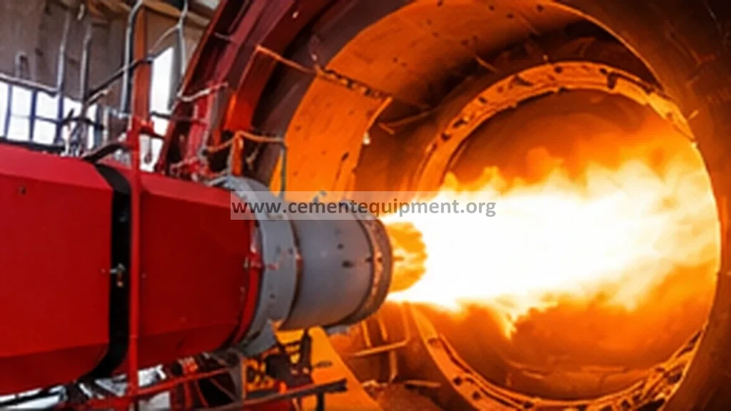 Rotary kiln main burner firing into the kiln hood in a cement plant