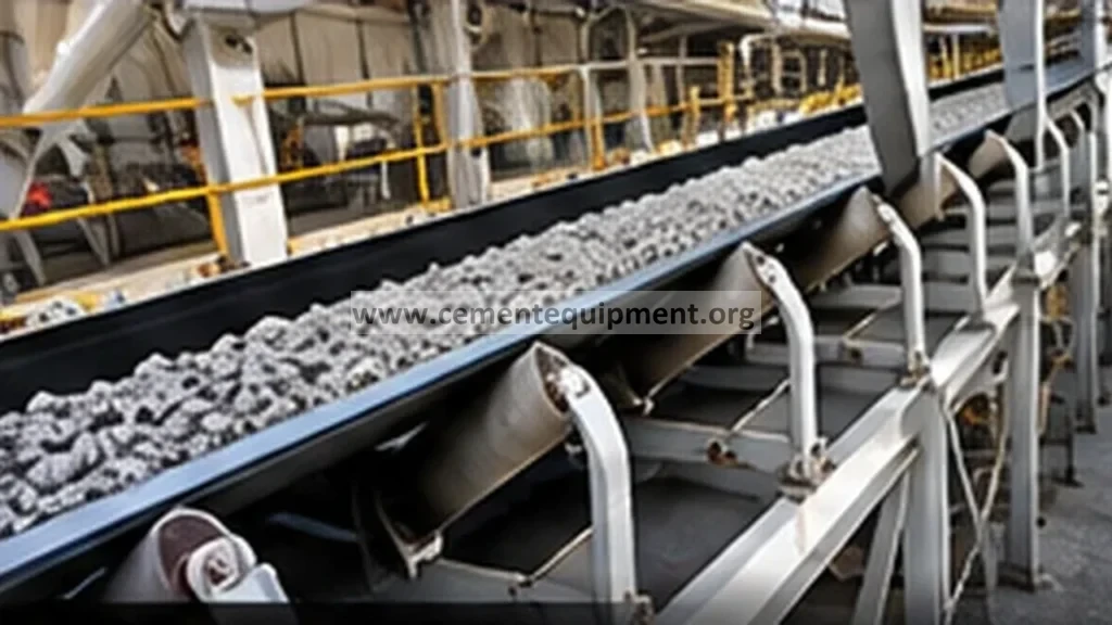 Belt conveyor carrying crushed limestone in a cement plant raw material handling system