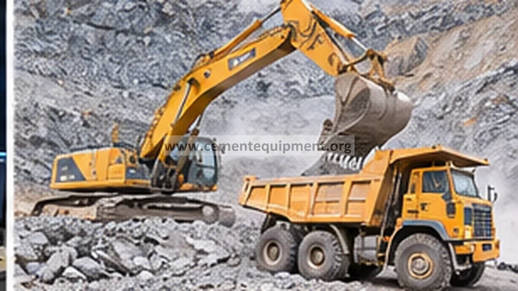 Excavator loading limestone into a haul truck during cement plant quarry operations