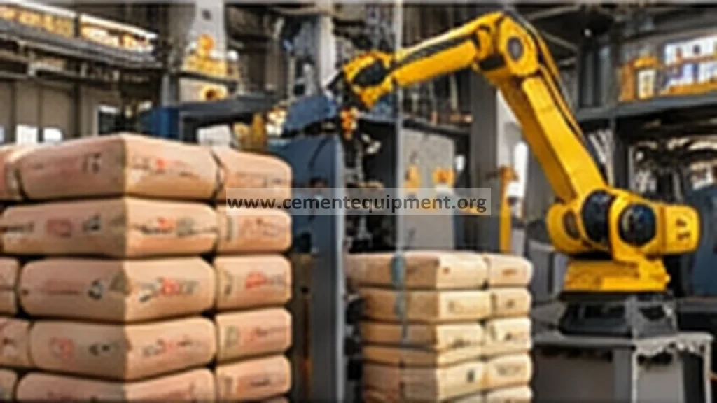 Robotic cement bag palletizing system in an automated packing line