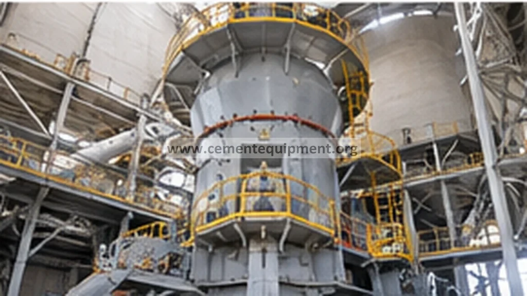 Vertical roller mill with grinding housing, classifier and maintenance platform in a cement plant